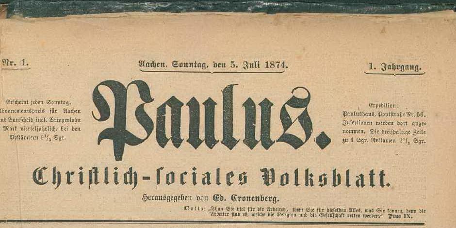 Paulusblatt Nr. 1 - 5. Juli 1874 - Titelüberschrift Erstausgabe (c) Diözesanbibliothek Aachen
