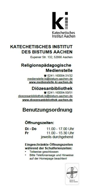 Titel Benutzungsordnung Medienstelle-Diözesanbibliothek im KI Aachen (c) KI Aachen